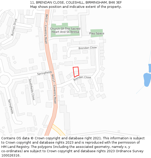 11, BRENDAN CLOSE, COLESHILL, BIRMINGHAM, B46 3EF: Location map and indicative extent of plot