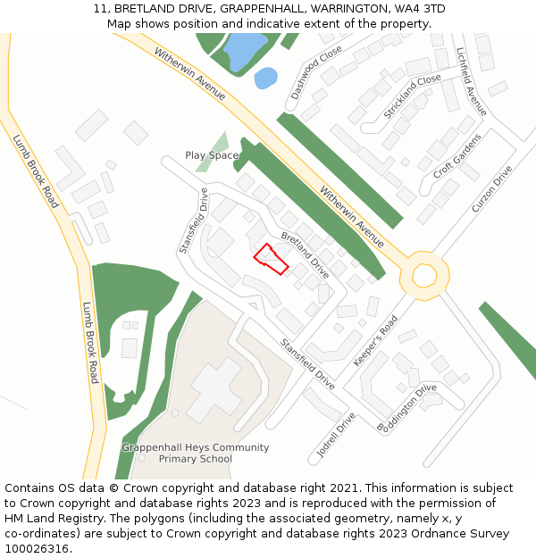 11, BRETLAND DRIVE, GRAPPENHALL, WARRINGTON, WA4 3TD: Location map and indicative extent of plot