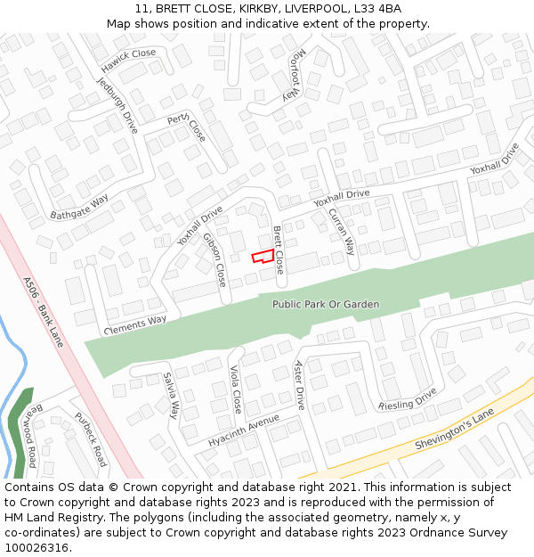11, BRETT CLOSE, KIRKBY, LIVERPOOL, L33 4BA: Location map and indicative extent of plot
