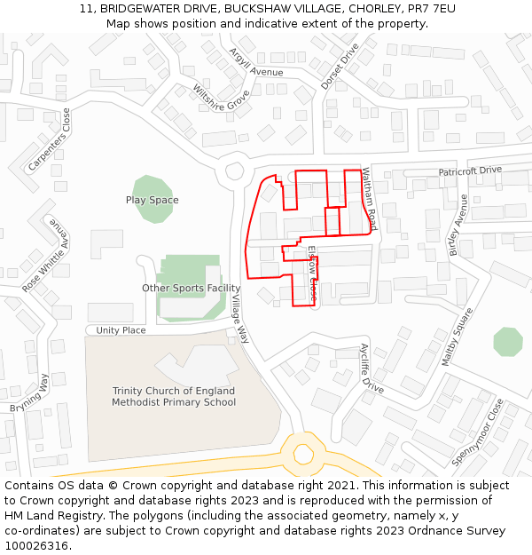 11, BRIDGEWATER DRIVE, BUCKSHAW VILLAGE, CHORLEY, PR7 7EU: Location map and indicative extent of plot