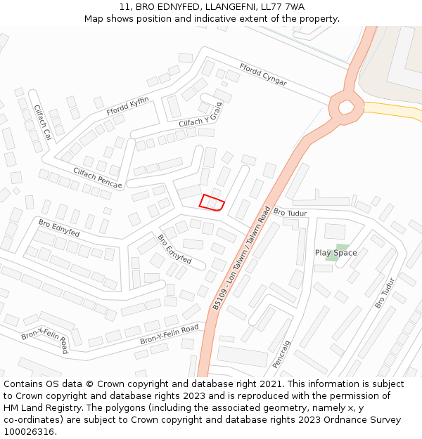 11, BRO EDNYFED, LLANGEFNI, LL77 7WA: Location map and indicative extent of plot