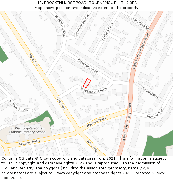 11, BROCKENHURST ROAD, BOURNEMOUTH, BH9 3ER: Location map and indicative extent of plot