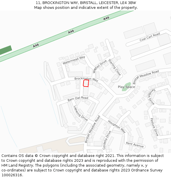11, BROCKINGTON WAY, BIRSTALL, LEICESTER, LE4 3BW: Location map and indicative extent of plot