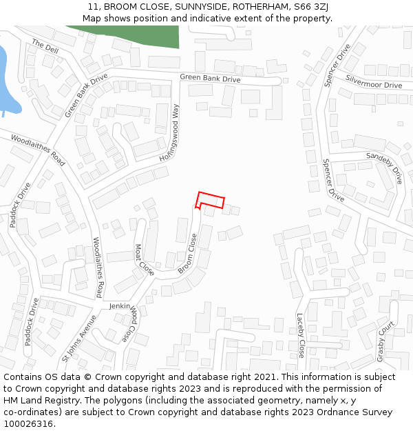 11, BROOM CLOSE, SUNNYSIDE, ROTHERHAM, S66 3ZJ: Location map and indicative extent of plot