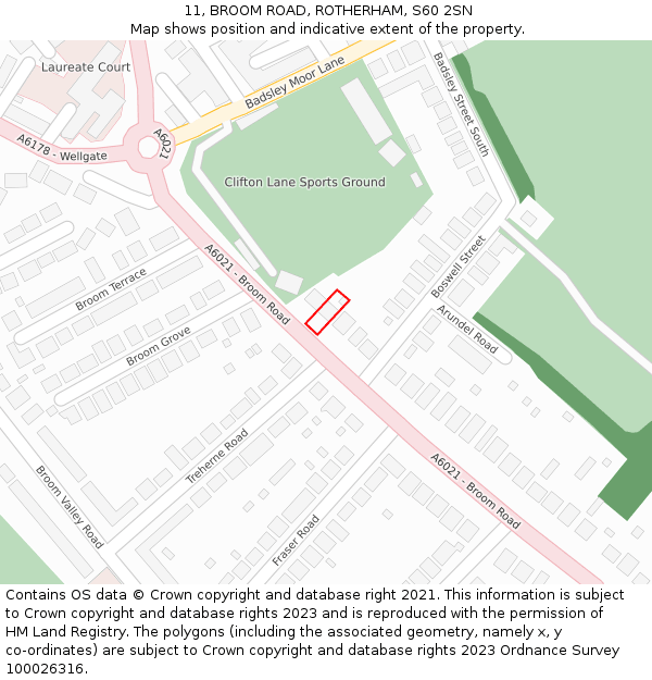 11, BROOM ROAD, ROTHERHAM, S60 2SN: Location map and indicative extent of plot