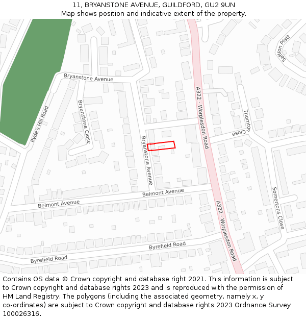 11, BRYANSTONE AVENUE, GUILDFORD, GU2 9UN: Location map and indicative extent of plot