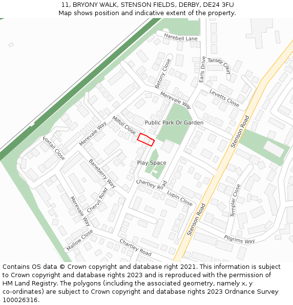 11, BRYONY WALK, STENSON FIELDS, DERBY, DE24 3FU: Location map and indicative extent of plot