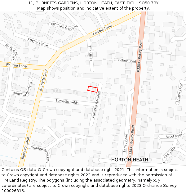 11, BURNETTS GARDENS, HORTON HEATH, EASTLEIGH, SO50 7BY: Location map and indicative extent of plot