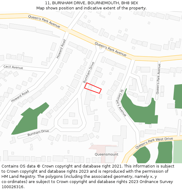 11, BURNHAM DRIVE, BOURNEMOUTH, BH8 9EX: Location map and indicative extent of plot
