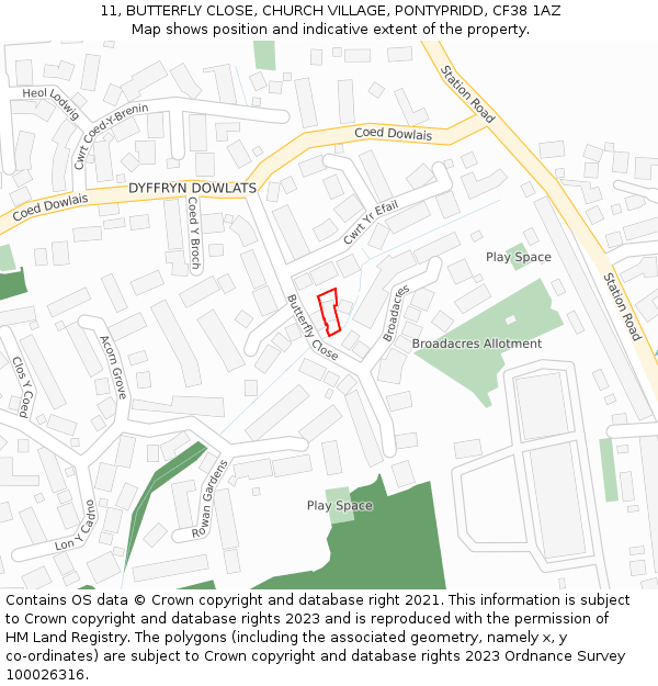 11, BUTTERFLY CLOSE, CHURCH VILLAGE, PONTYPRIDD, CF38 1AZ: Location map and indicative extent of plot