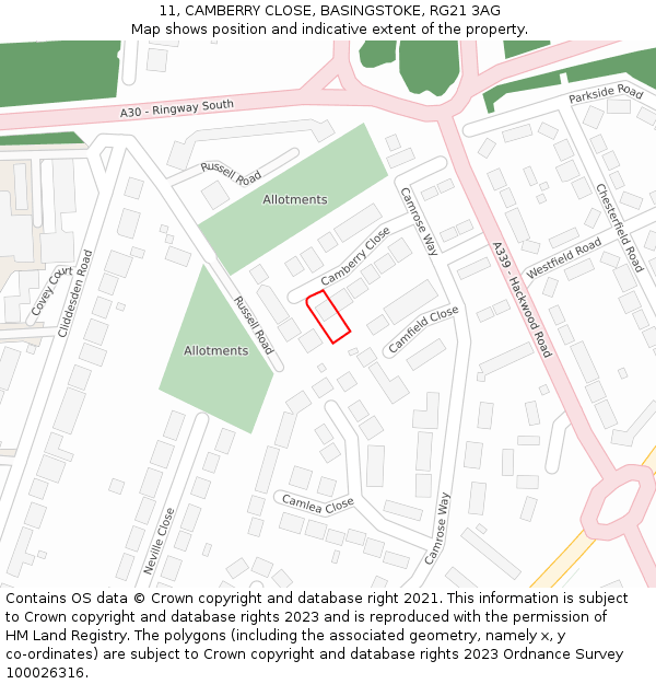 11, CAMBERRY CLOSE, BASINGSTOKE, RG21 3AG: Location map and indicative extent of plot
