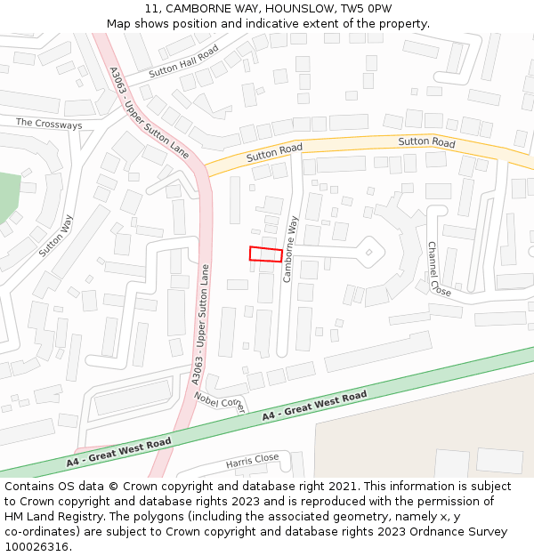 11, CAMBORNE WAY, HOUNSLOW, TW5 0PW: Location map and indicative extent of plot
