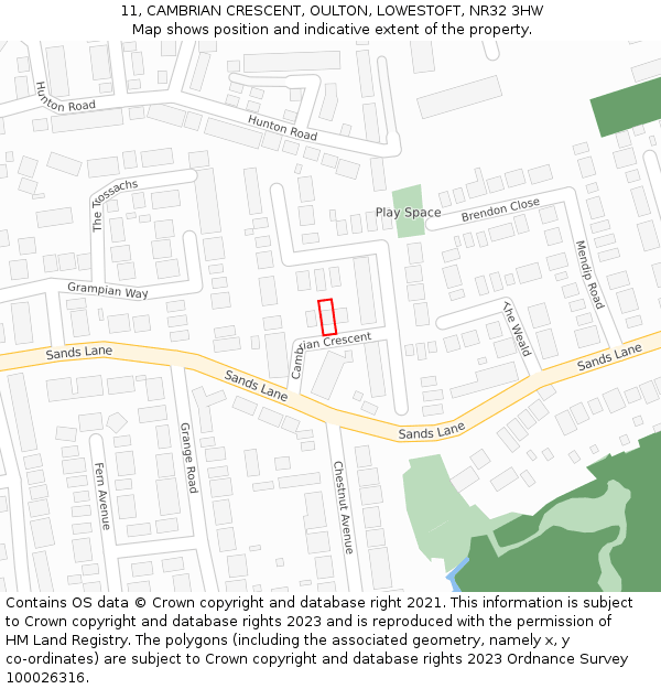 11, CAMBRIAN CRESCENT, OULTON, LOWESTOFT, NR32 3HW: Location map and indicative extent of plot