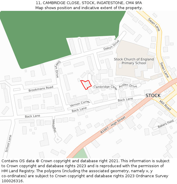 11, CAMBRIDGE CLOSE, STOCK, INGATESTONE, CM4 9FA: Location map and indicative extent of plot