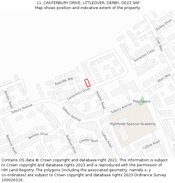 11, CANTERBURY DRIVE, LITTLEOVER, DERBY, DE23 3AP: Location map and indicative extent of plot