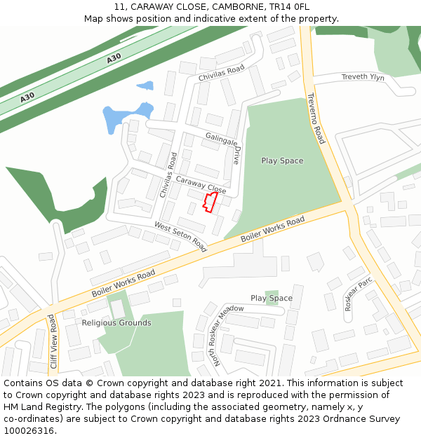 11, CARAWAY CLOSE, CAMBORNE, TR14 0FL: Location map and indicative extent of plot