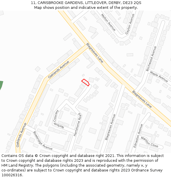 11, CARISBROOKE GARDENS, LITTLEOVER, DERBY, DE23 2QS: Location map and indicative extent of plot