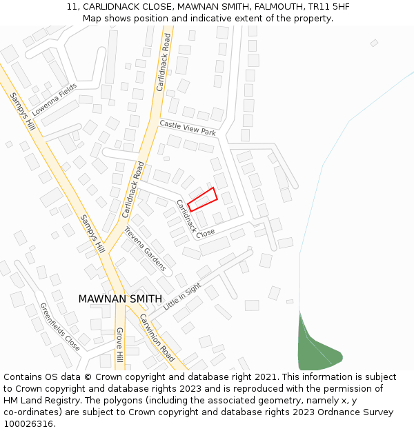 11, CARLIDNACK CLOSE, MAWNAN SMITH, FALMOUTH, TR11 5HF: Location map and indicative extent of plot