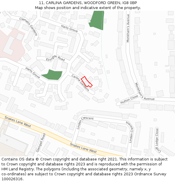 11, CARLINA GARDENS, WOODFORD GREEN, IG8 0BP: Location map and indicative extent of plot