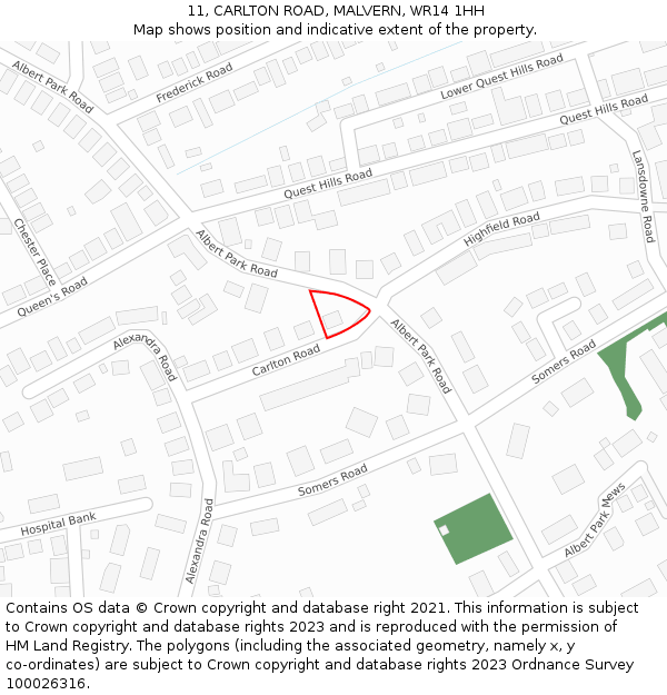 11, CARLTON ROAD, MALVERN, WR14 1HH: Location map and indicative extent of plot