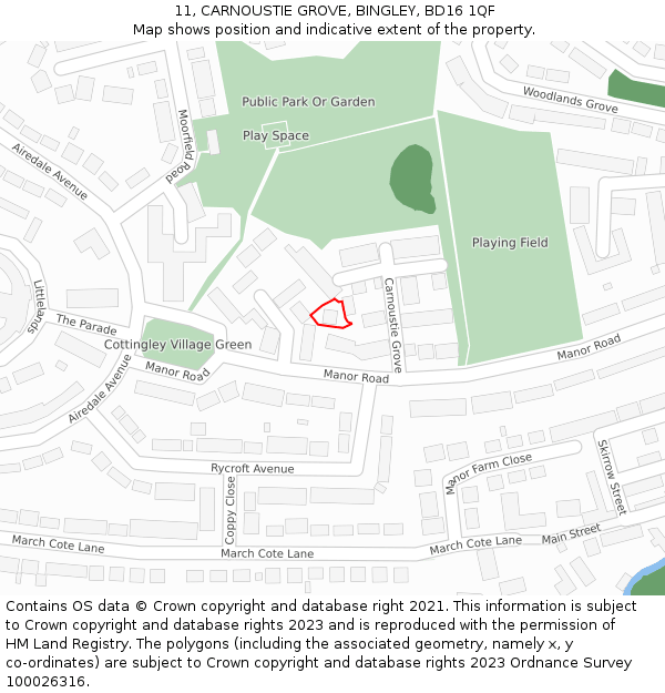 11, CARNOUSTIE GROVE, BINGLEY, BD16 1QF: Location map and indicative extent of plot