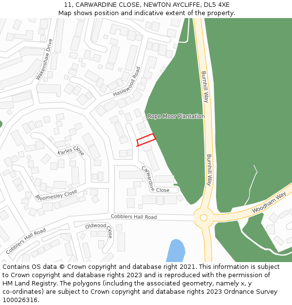 11, CARWARDINE CLOSE, NEWTON AYCLIFFE, DL5 4XE: Location map and indicative extent of plot