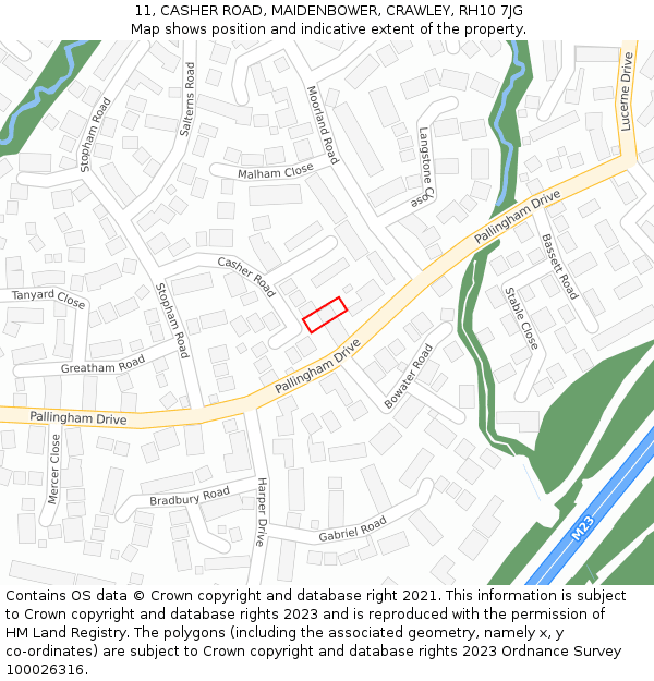 11, CASHER ROAD, MAIDENBOWER, CRAWLEY, RH10 7JG: Location map and indicative extent of plot