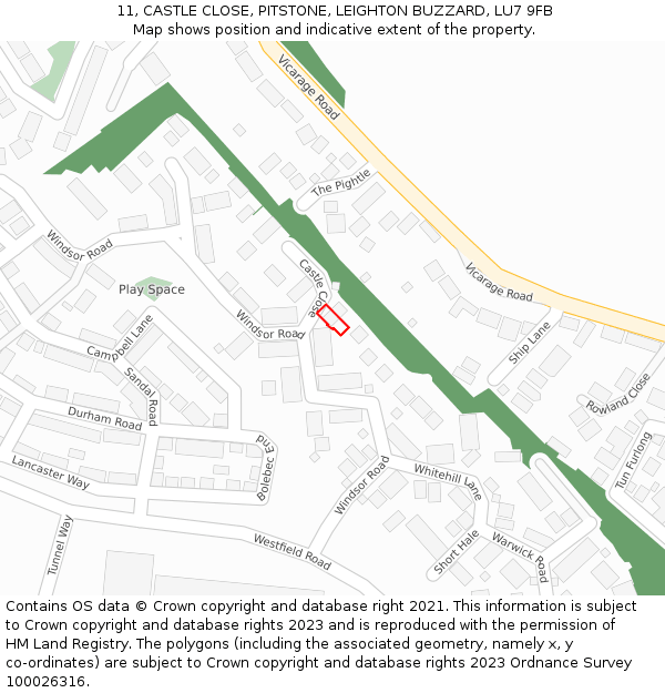 11, CASTLE CLOSE, PITSTONE, LEIGHTON BUZZARD, LU7 9FB: Location map and indicative extent of plot
