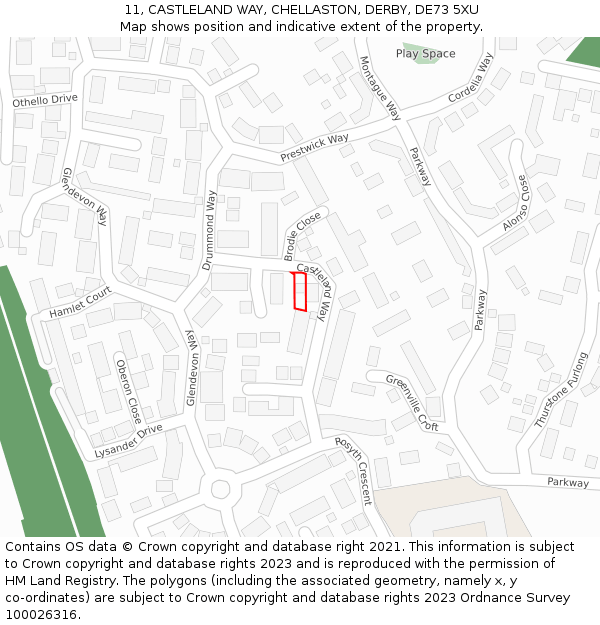 11, CASTLELAND WAY, CHELLASTON, DERBY, DE73 5XU: Location map and indicative extent of plot
