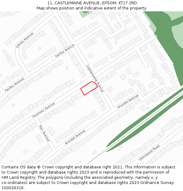 11, CASTLEMAINE AVENUE, EPSOM, KT17 2RD: Location map and indicative extent of plot