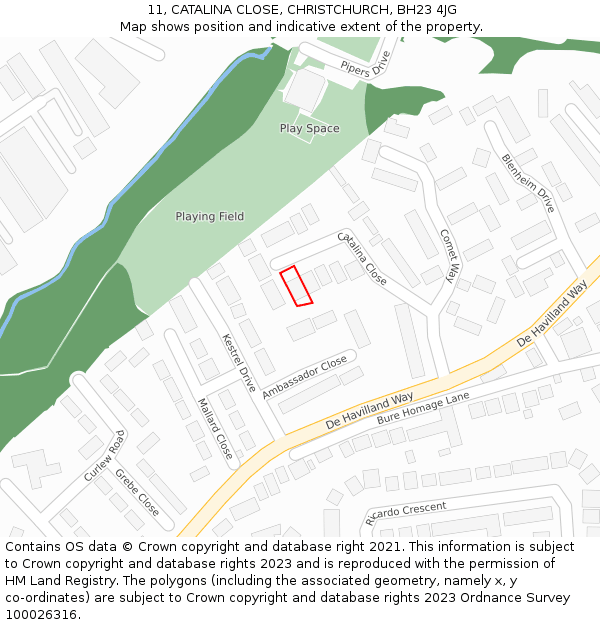 11, CATALINA CLOSE, CHRISTCHURCH, BH23 4JG: Location map and indicative extent of plot