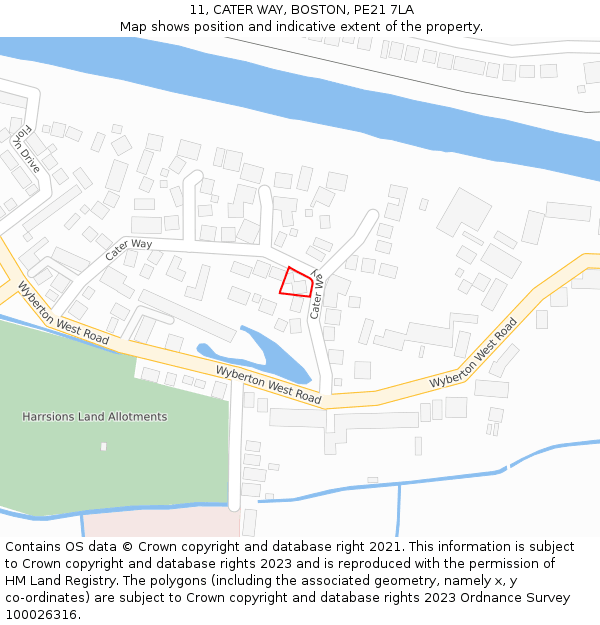11, CATER WAY, BOSTON, PE21 7LA: Location map and indicative extent of plot