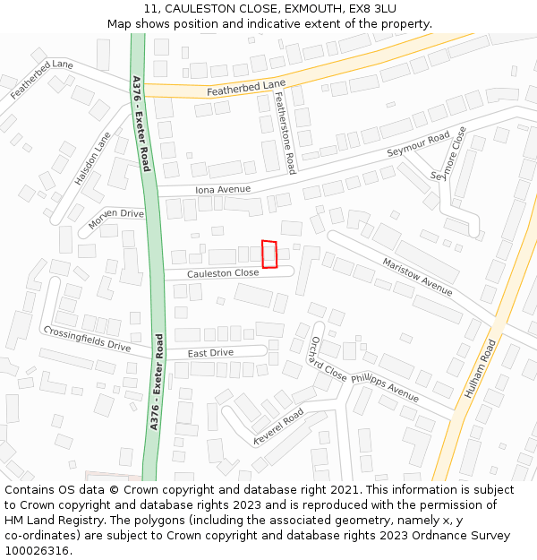 11, CAULESTON CLOSE, EXMOUTH, EX8 3LU: Location map and indicative extent of plot