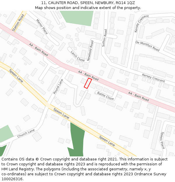 11, CAUNTER ROAD, SPEEN, NEWBURY, RG14 1QZ: Location map and indicative extent of plot