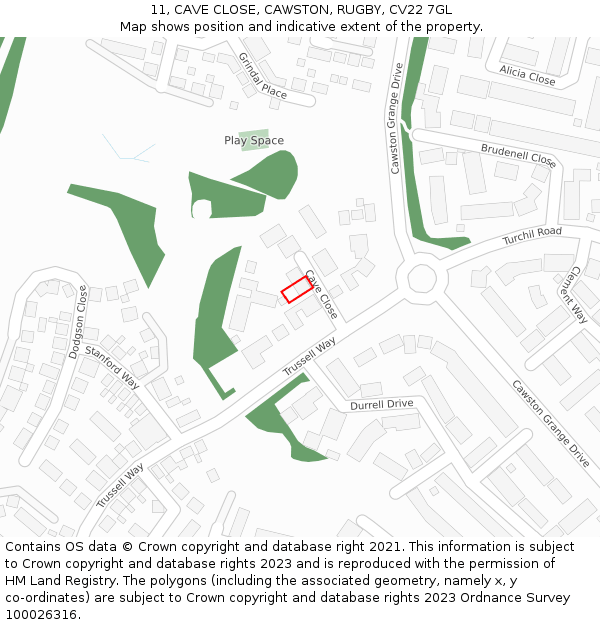 11, CAVE CLOSE, CAWSTON, RUGBY, CV22 7GL: Location map and indicative extent of plot