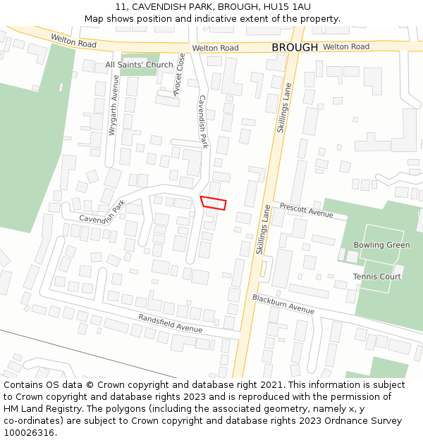 11, CAVENDISH PARK, BROUGH, HU15 1AU: Location map and indicative extent of plot