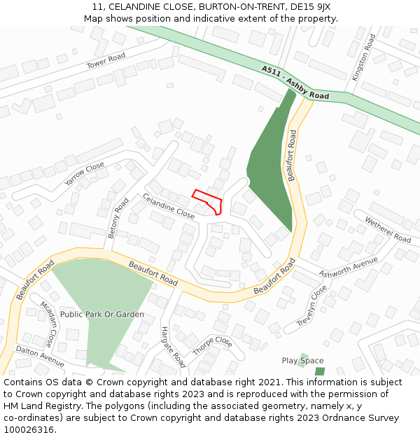 11, CELANDINE CLOSE, BURTON-ON-TRENT, DE15 9JX: Location map and indicative extent of plot