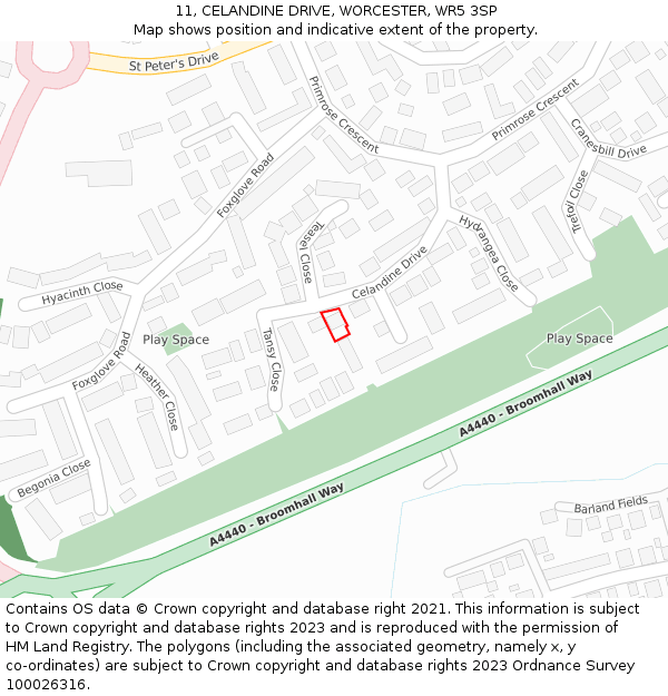 11, CELANDINE DRIVE, WORCESTER, WR5 3SP: Location map and indicative extent of plot