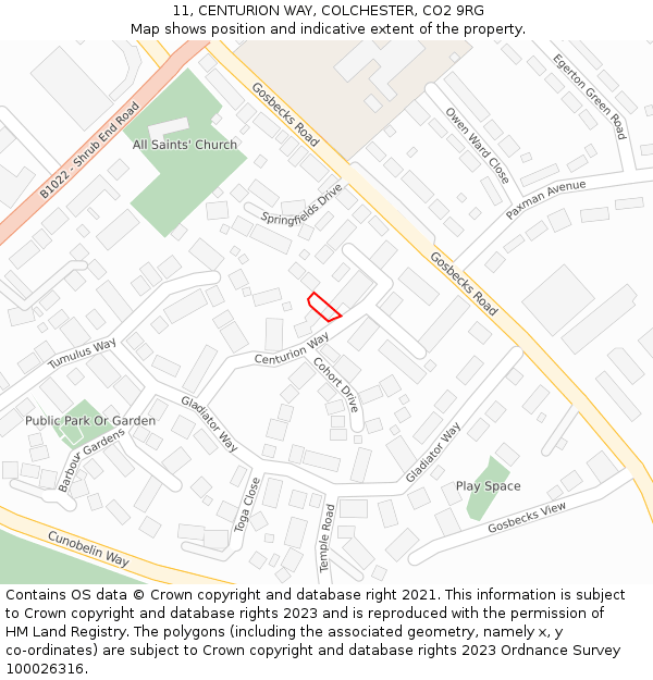 11, CENTURION WAY, COLCHESTER, CO2 9RG: Location map and indicative extent of plot
