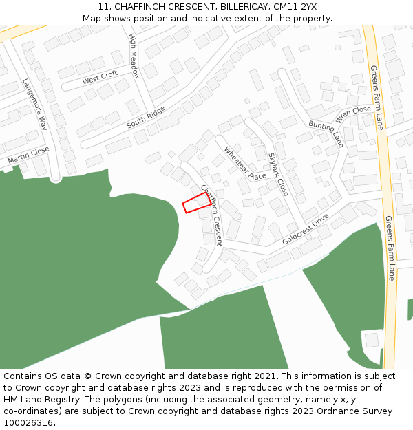 11, CHAFFINCH CRESCENT, BILLERICAY, CM11 2YX: Location map and indicative extent of plot