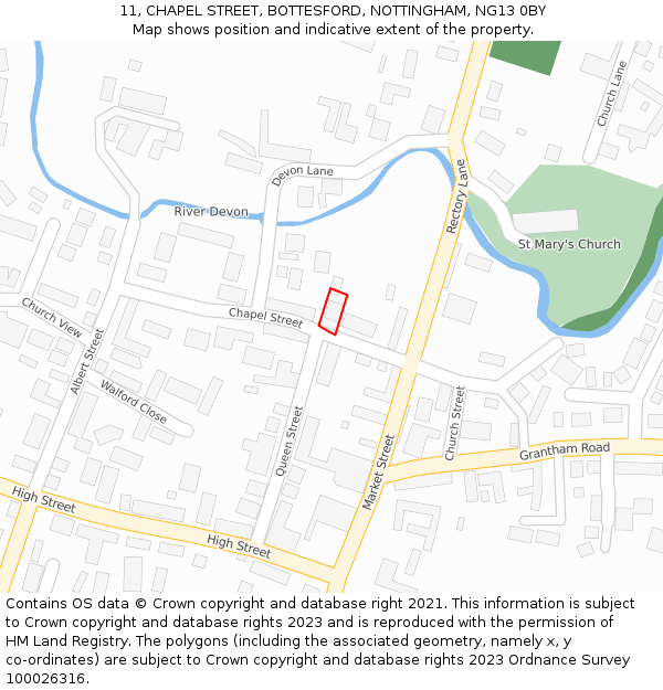 11, CHAPEL STREET, BOTTESFORD, NOTTINGHAM, NG13 0BY: Location map and indicative extent of plot