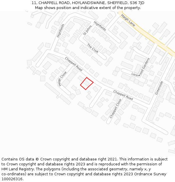 11, CHAPPELL ROAD, HOYLANDSWAINE, SHEFFIELD, S36 7JD: Location map and indicative extent of plot