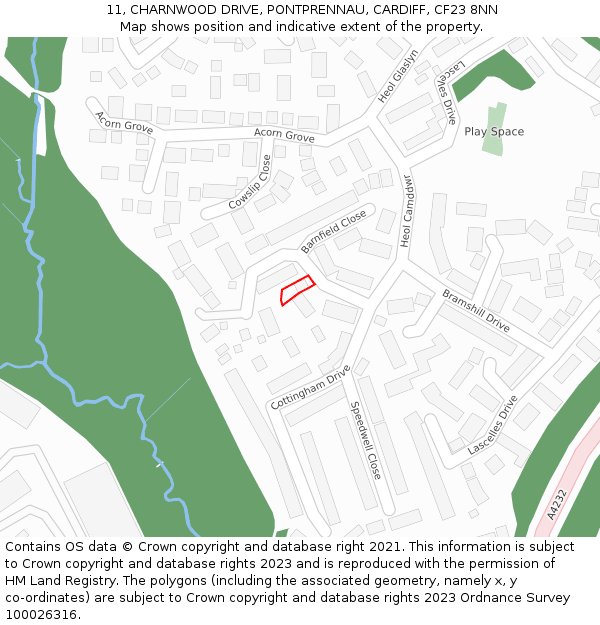 11, CHARNWOOD DRIVE, PONTPRENNAU, CARDIFF, CF23 8NN: Location map and indicative extent of plot