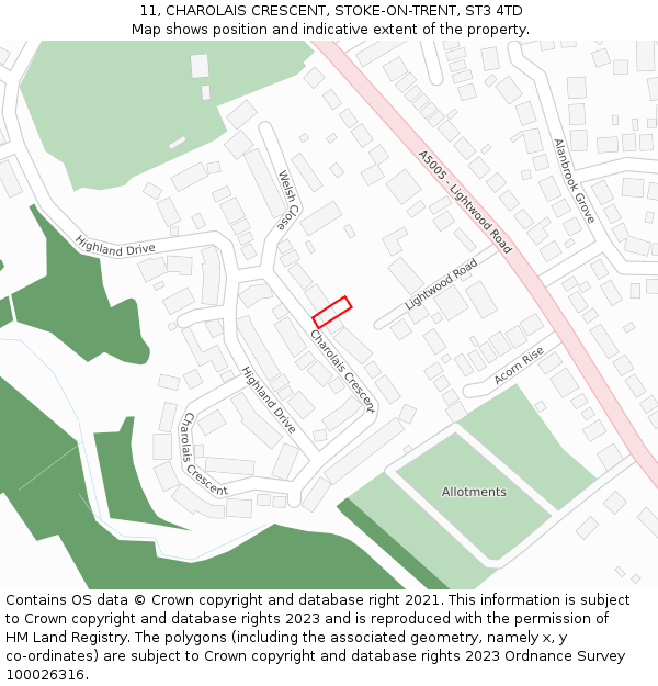 11, CHAROLAIS CRESCENT, STOKE-ON-TRENT, ST3 4TD: Location map and indicative extent of plot