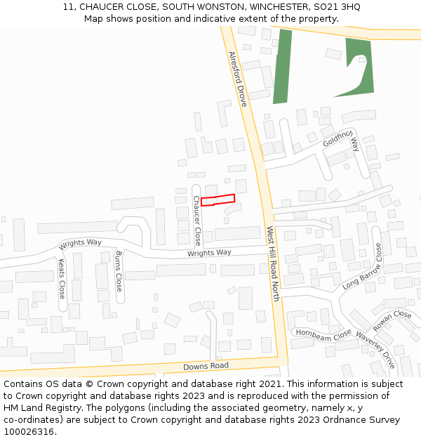 11, CHAUCER CLOSE, SOUTH WONSTON, WINCHESTER, SO21 3HQ: Location map and indicative extent of plot