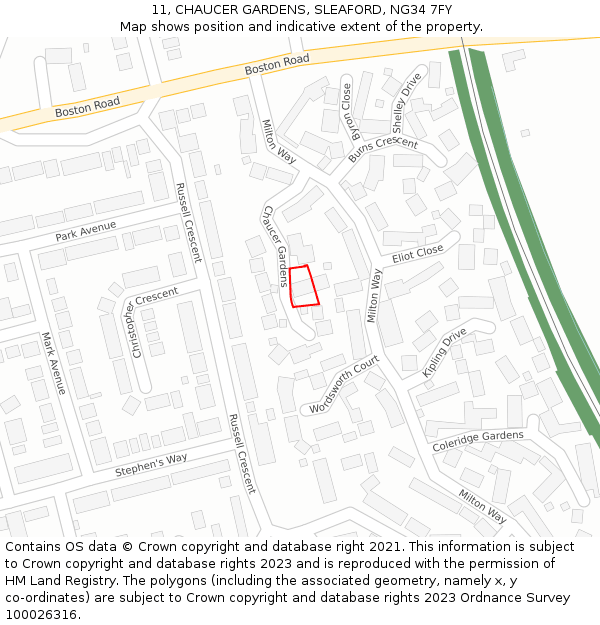 11, CHAUCER GARDENS, SLEAFORD, NG34 7FY: Location map and indicative extent of plot