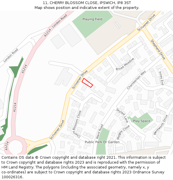 11, CHERRY BLOSSOM CLOSE, IPSWICH, IP8 3ST: Location map and indicative extent of plot