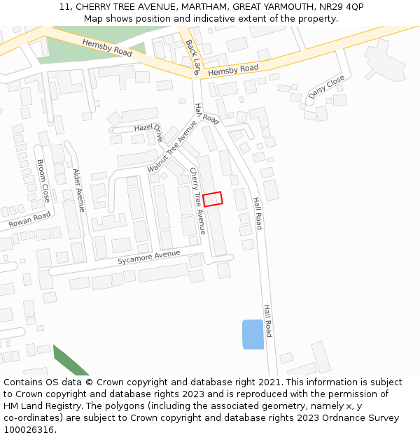 11, CHERRY TREE AVENUE, MARTHAM, GREAT YARMOUTH, NR29 4QP: Location map and indicative extent of plot