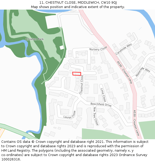 11, CHESTNUT CLOSE, MIDDLEWICH, CW10 9QJ: Location map and indicative extent of plot