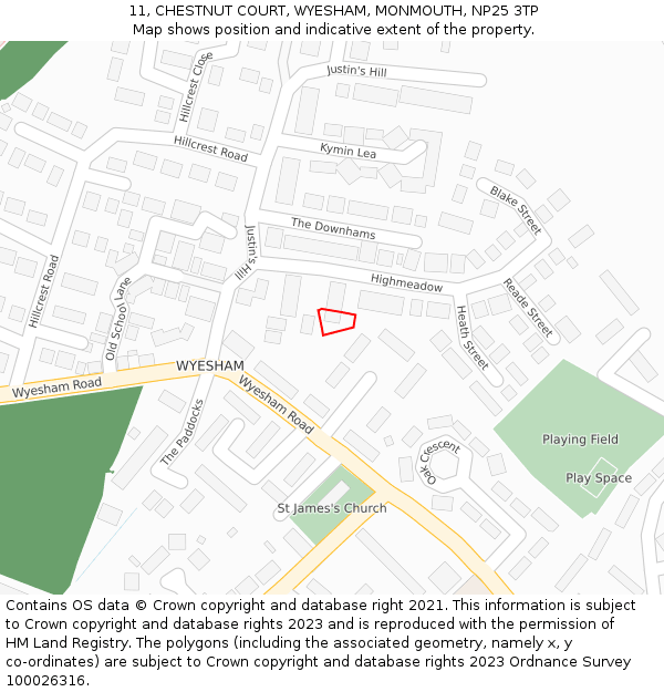 11, CHESTNUT COURT, WYESHAM, MONMOUTH, NP25 3TP: Location map and indicative extent of plot